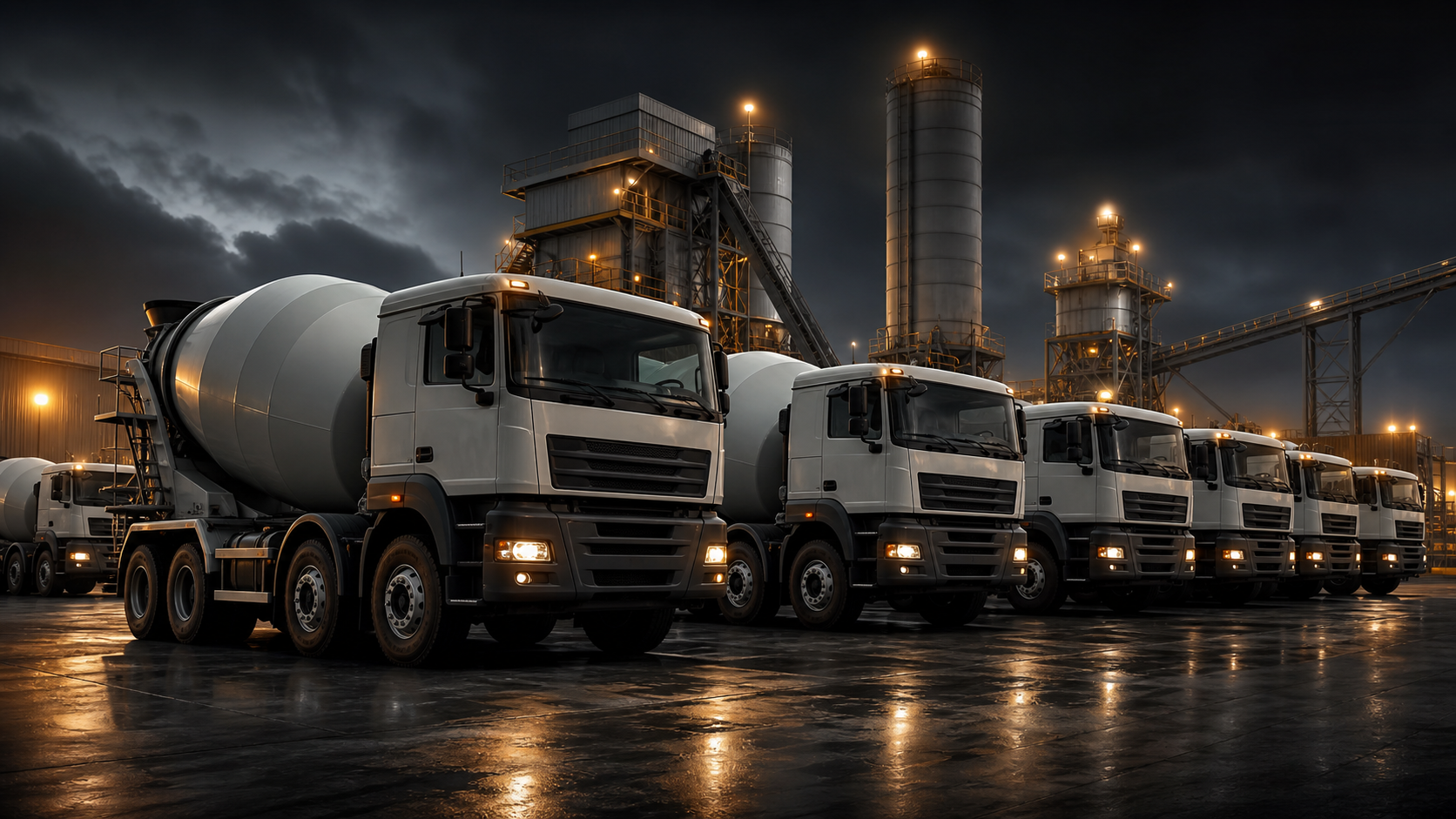 Fleet of heavy-duty transit mixers in an industrial batching plant yard